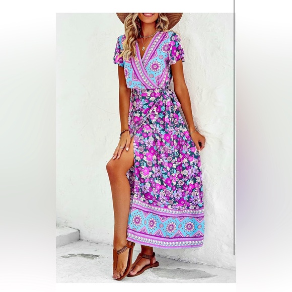 Boho front high split v-neck maxi dress floral purple Large  12/14 - Picture 1 of 9